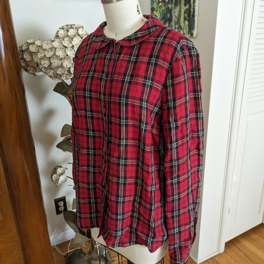 Son de Flor Classic Peter Pan Collar Linen Shirt in Red Tartan Plaid, Size Large